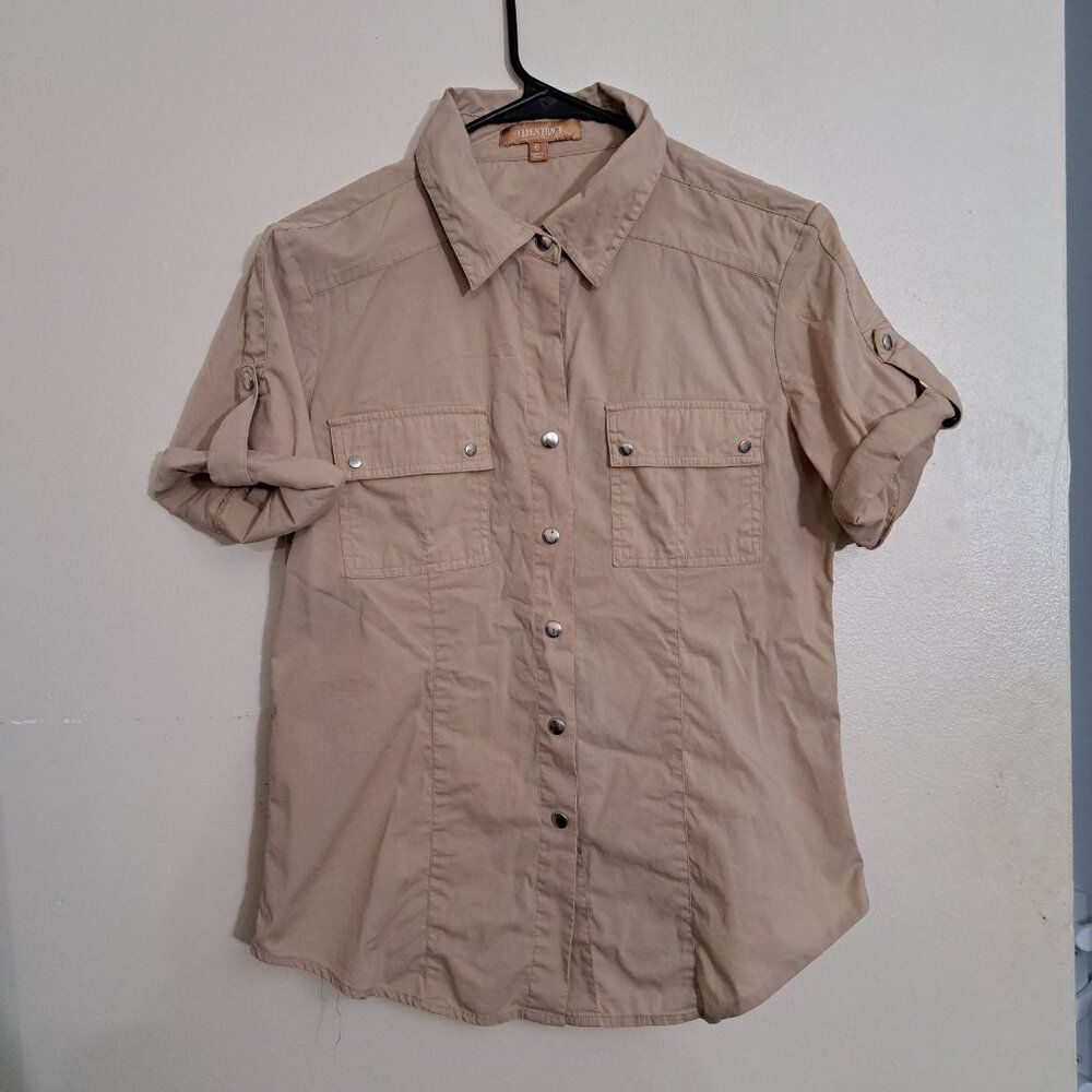 ​Ellen Tracy  Blouse Top Shirt Roll Tab Sleeves snap Up Stretch Size 6